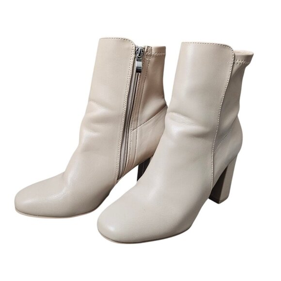 Mia Carla Beige Square Toe Vegan Leather Zip Chunky Heel Bootie Boot - Picture 3 of 13